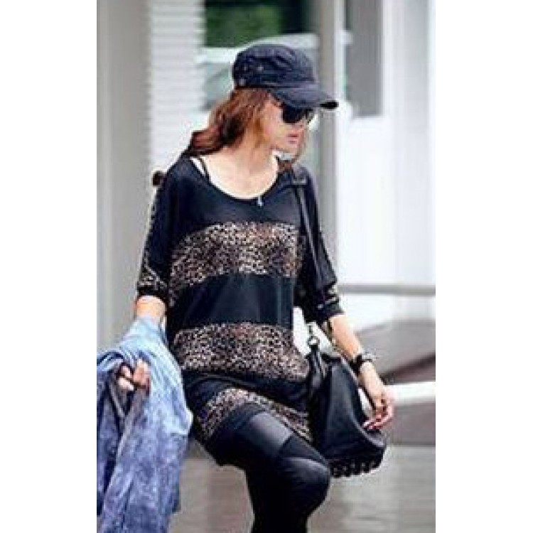 J41318 T-shirt casual con ali di pipistrello con impunture leopardate-2