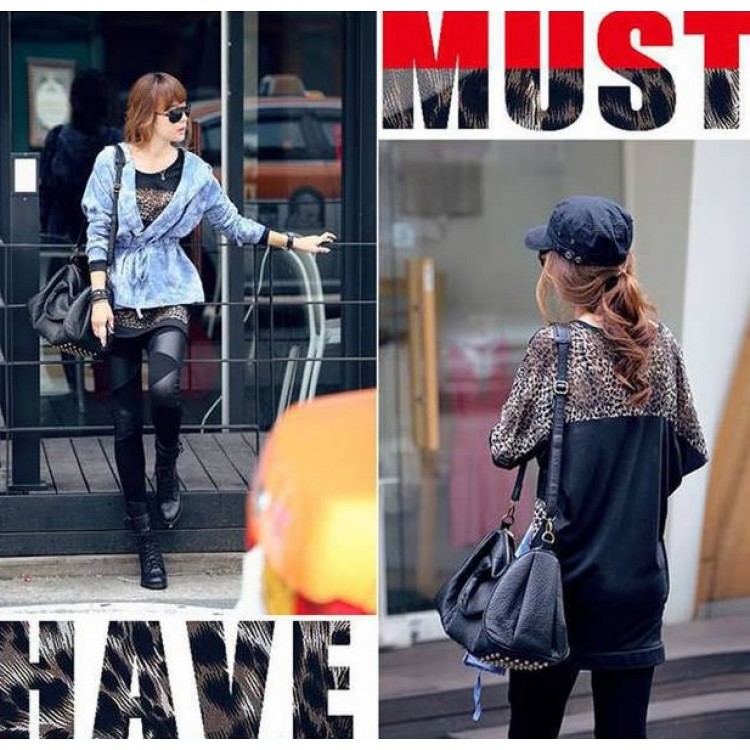 J41318 T-shirt casual con ali di pipistrello con impunture leopardate-3