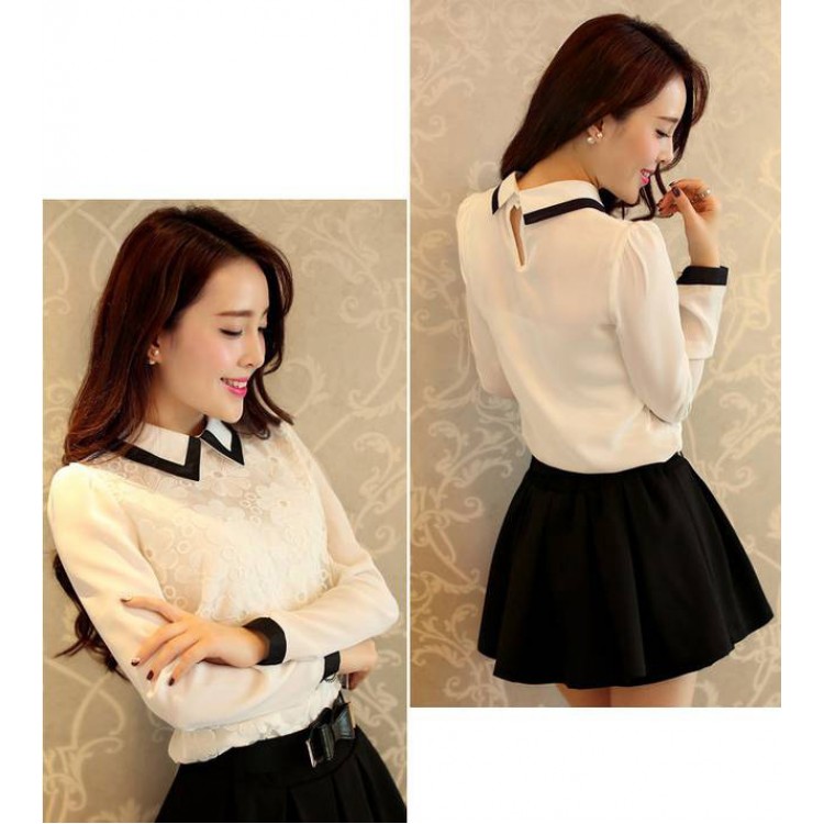 J41348 Camicia slim a maniche lunghe con colletto a bambola e gonna vaporosa bianca-1