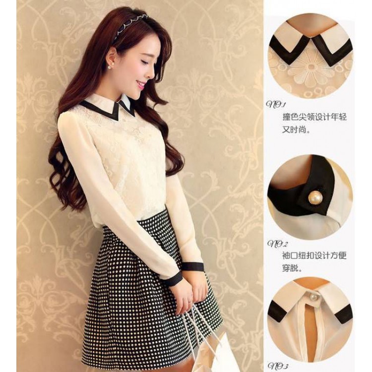 J41348 Camicia slim a maniche lunghe con colletto a bambola e gonna vaporosa bianca-3