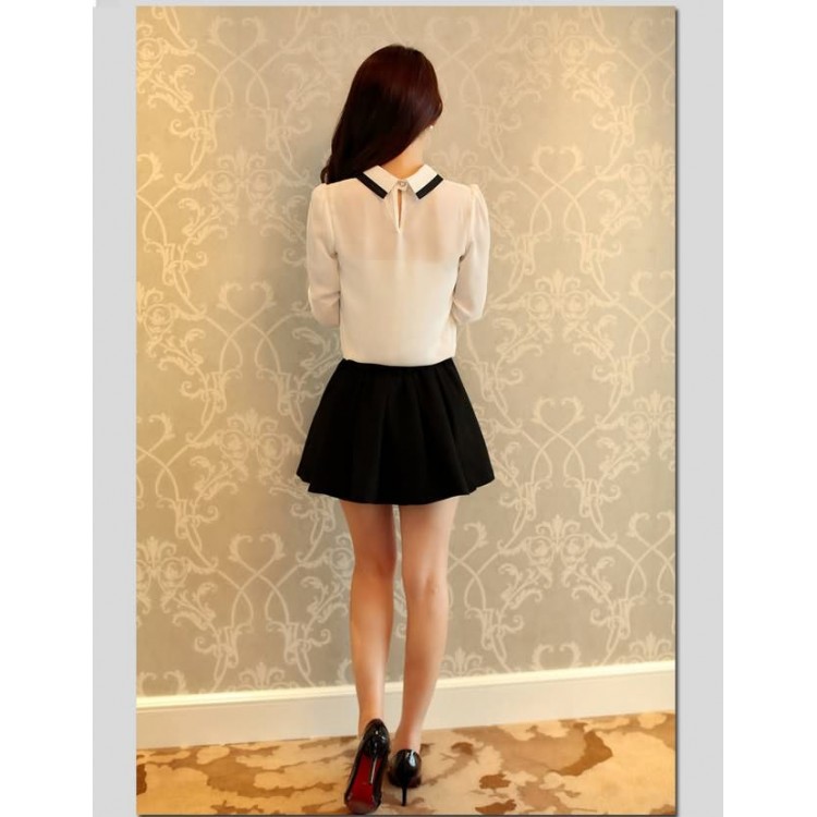 J41348 Camicia slim a maniche lunghe con colletto a bambola e gonna vaporosa bianca-4