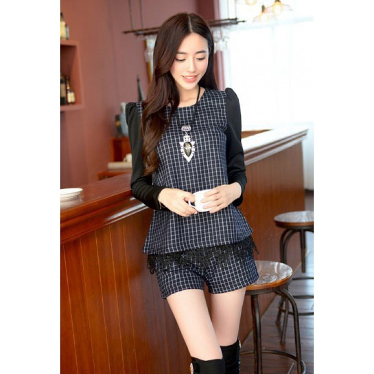 J41510 Top casual a maniche lunghe a griglia con pantaloncini blu-1