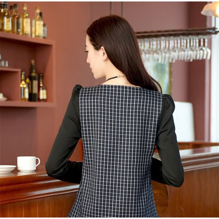 J41510 Top casual a maniche lunghe a griglia con pantaloncini blu-2