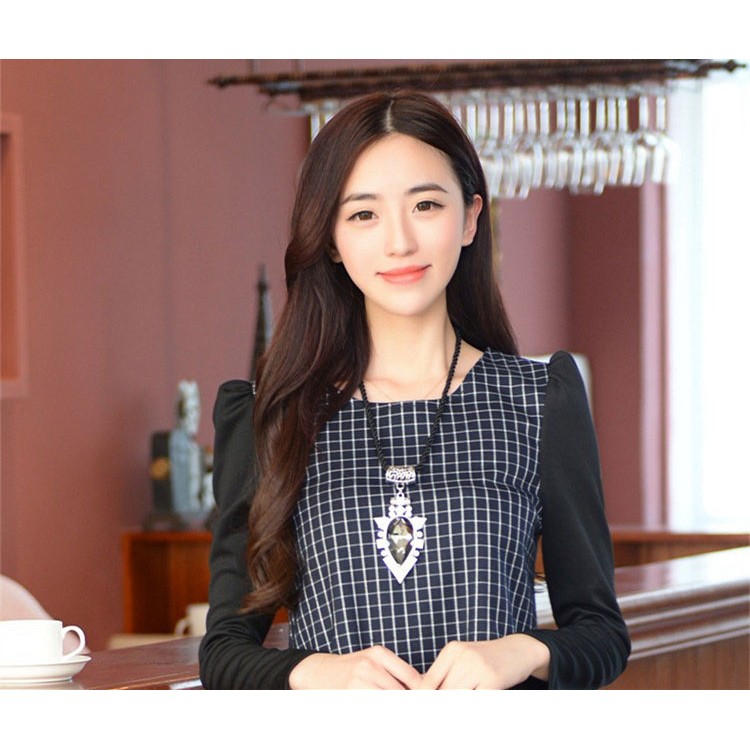 J41510 Top casual a maniche lunghe a griglia con pantaloncini blu-3