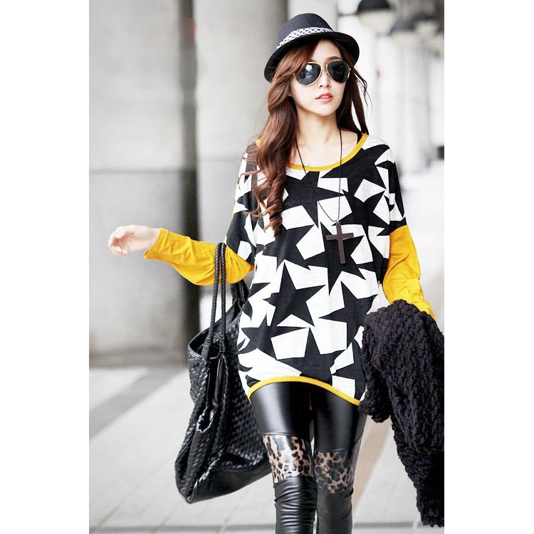 J41527 T-shirt casual a maniche lunghe con stampa stelle a cinque punte-3