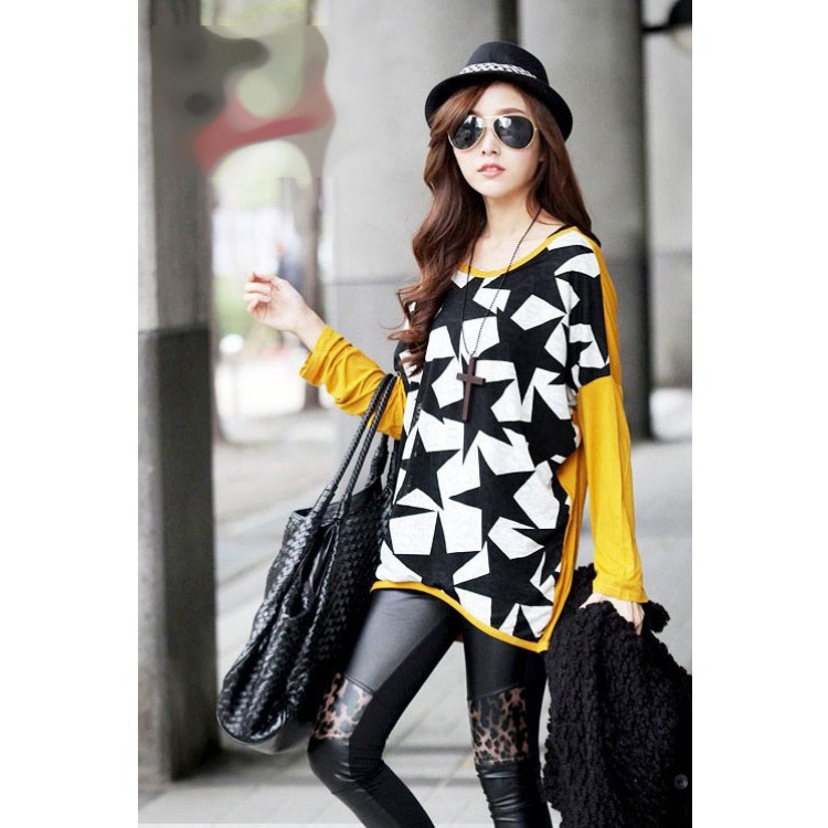 J41527 T-shirt casual a maniche lunghe con stampa stelle a cinque punte-4