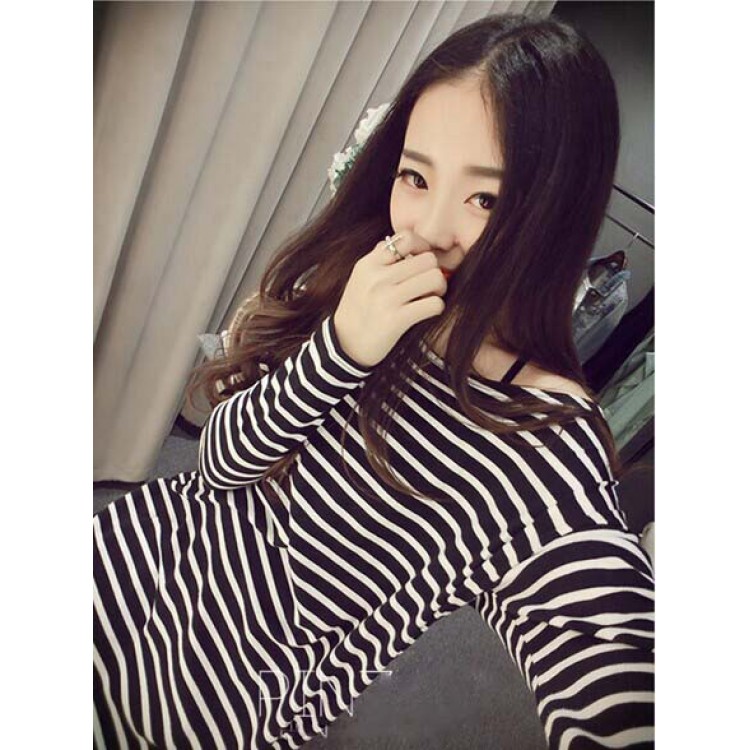 J41563 T-shirt Joker a righe casual con collo rotondo e maniche lunghe-3