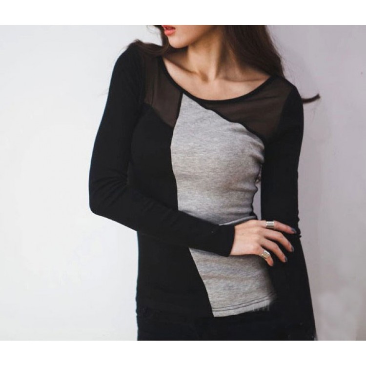 J41585 T-shirt a maniche lunghe con impunture color granata grigia-2