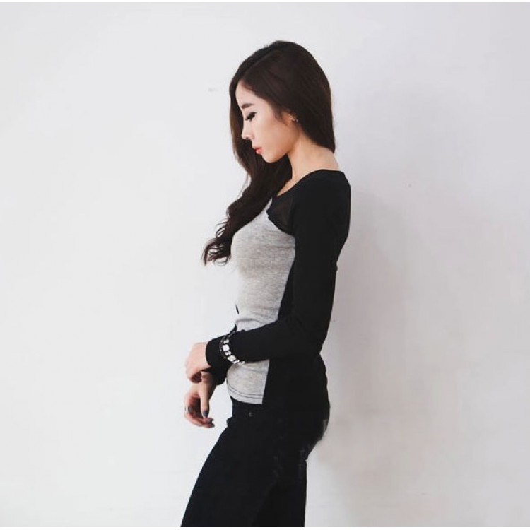 J41585 T-shirt a maniche lunghe con impunture color granata grigia-3