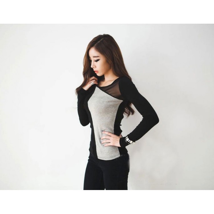 J41585 T-shirt a maniche lunghe con impunture color granata grigia-4