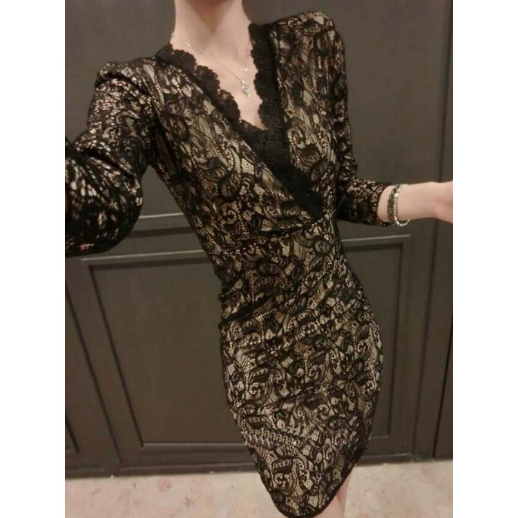 J41780 Abito in vita sottile in pizzo con scollo a V alla moda europea-3