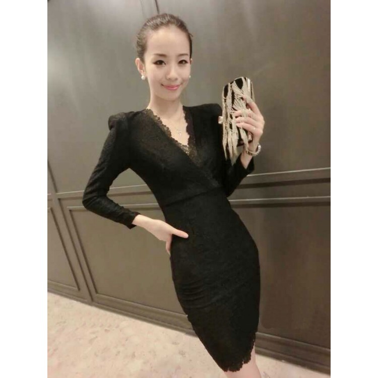 J41780 Abito in vita sottile in pizzo con scollo a V alla moda europea-5