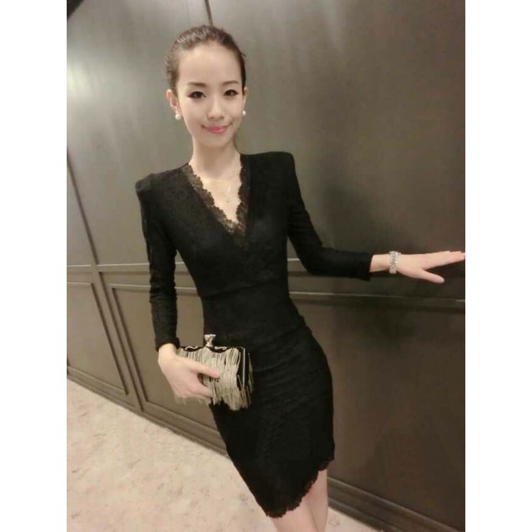 J41780 Abito in vita sottile in pizzo con scollo a V alla moda europea-6