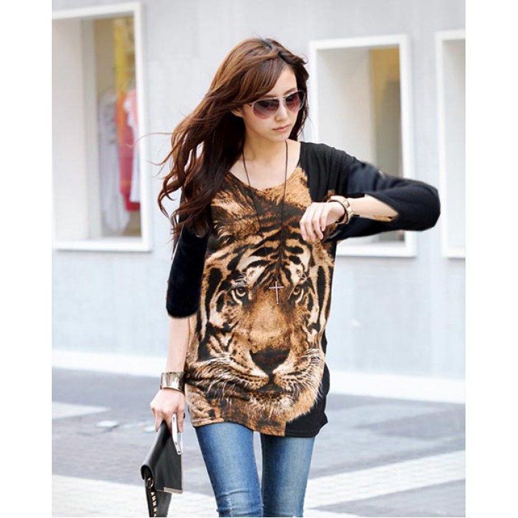 J74798 T-shirt ampia con stampa testa di tigre-7