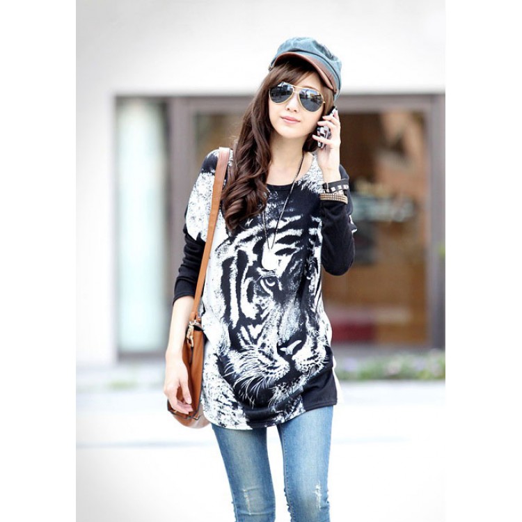 J74798 T-shirt ampia con stampa testa di tigre-5