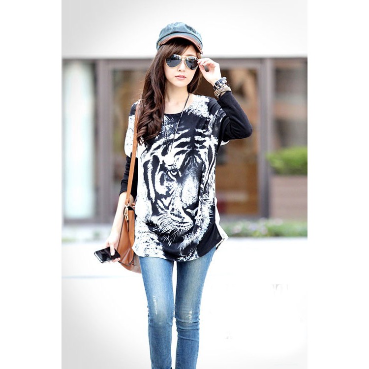 J74798 T-shirt ampia con stampa testa di tigre-6