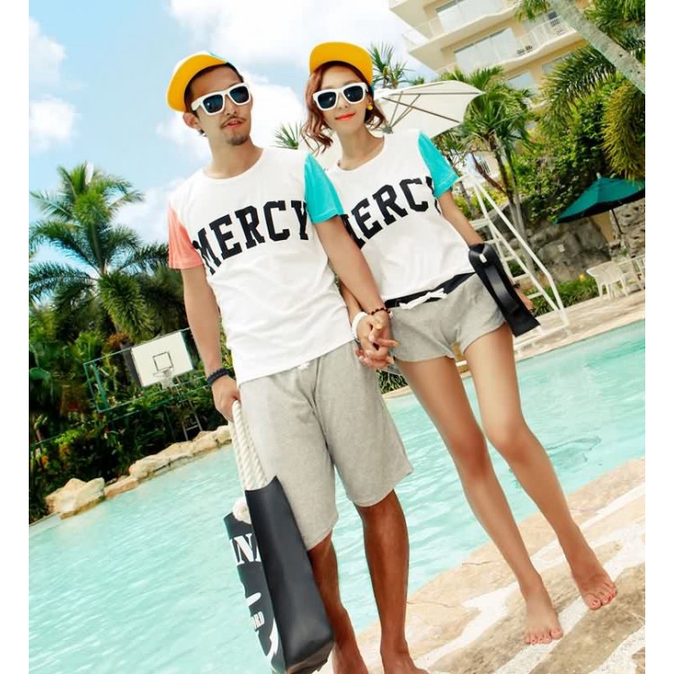 J76260 Set coppia di t-shirt e pantaloncini con stampa di lettere a colori Contract per ragazza-1