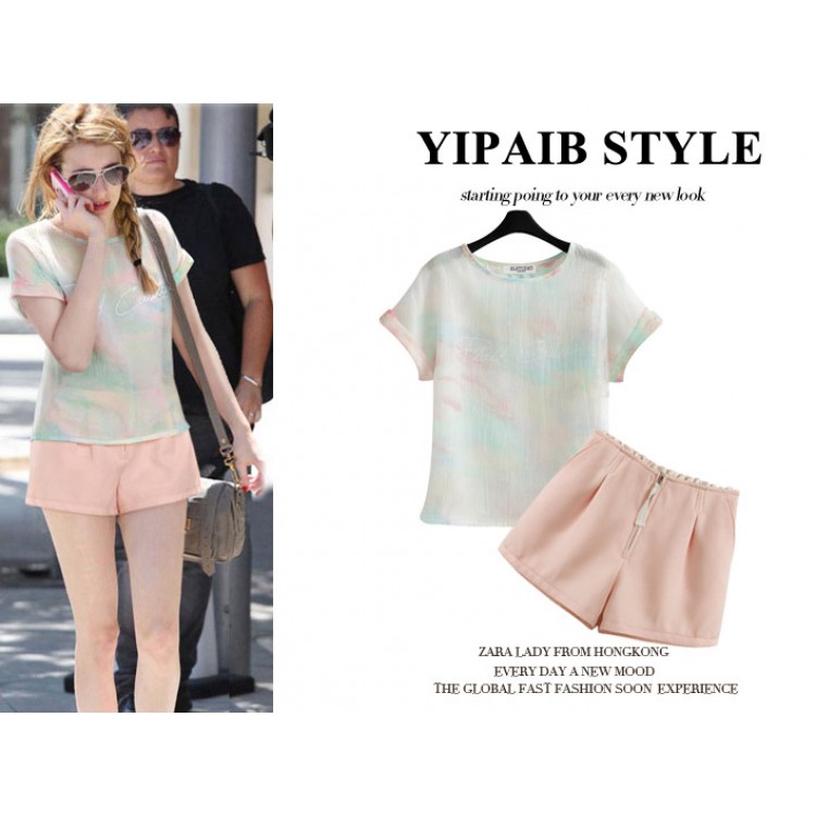 J76405 Completo top e pantaloncini rosa moda Europa-1