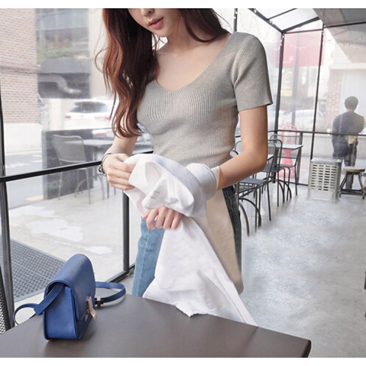 TE034SDHS Top lavorati a maglia a maniche corte sottili e sexy con scollo a V alla moda coreana-8