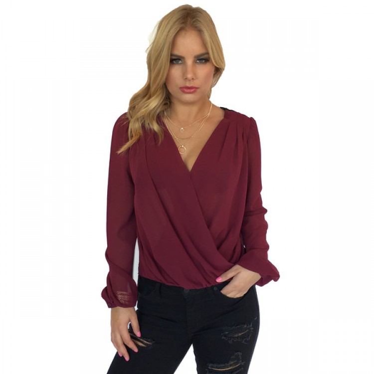 TE0886DNFS Camicia jolly di colore puro incrociato in chiffon con retro in pizzo di vendita calda-2