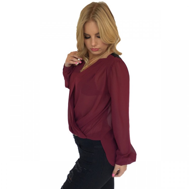 TE0886DNFS Camicia jolly di colore puro incrociato in chiffon con retro in pizzo di vendita calda-4