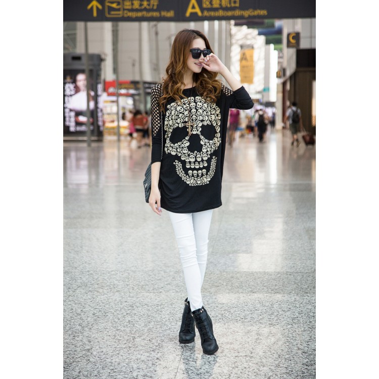 J72949 T-shirt di grandi dimensioni con stampa di teschi in stile coreano con spalle scavate-1