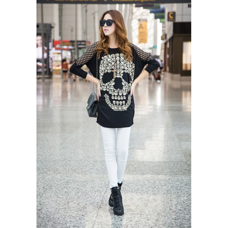 J72949 T-shirt di grandi dimensioni con stampa di teschi in stile coreano con spalle scavate-2