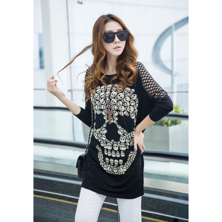 J72949 T-shirt di grandi dimensioni con stampa di teschi in stile coreano con spalle scavate-4