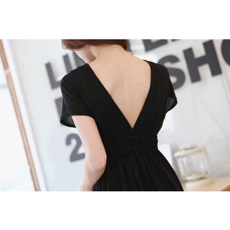 TE1003 Maxi abito coreano a maniche corte sottile con scollo a V-2