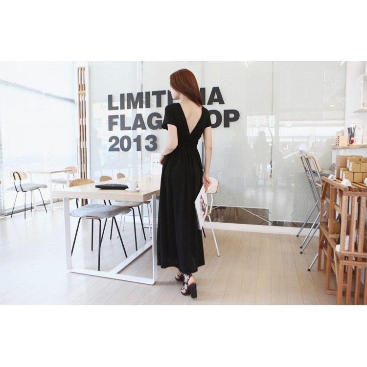 TE1003 Maxi abito coreano a maniche corte sottile con scollo a V-3