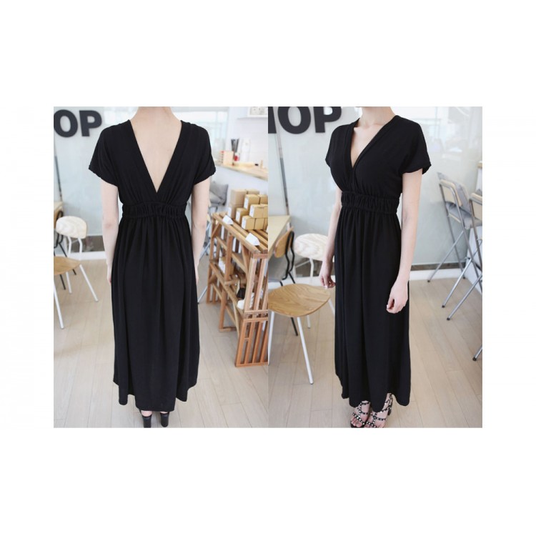 TE1003 Maxi abito coreano a maniche corte sottile con scollo a V-4