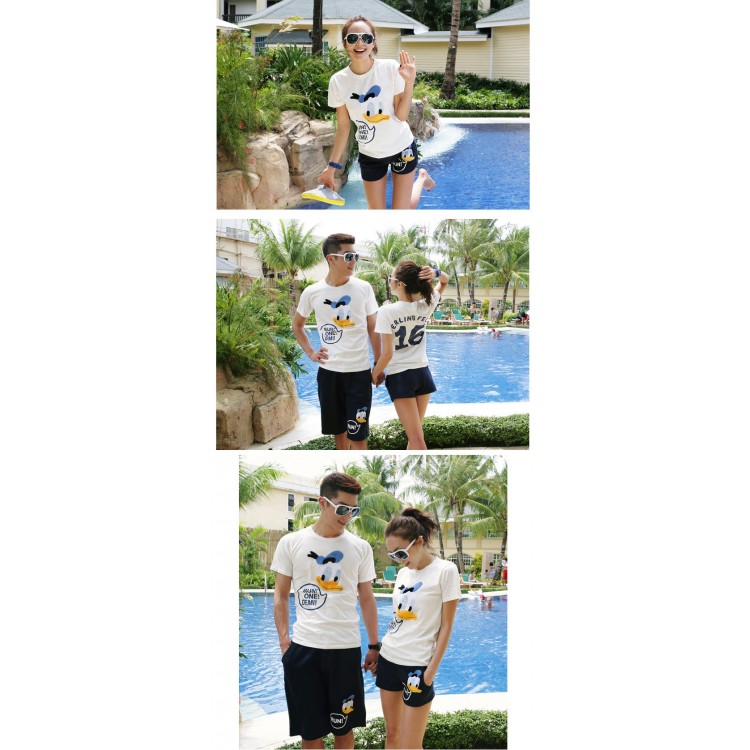 J76211 Set di t-shirt e pantaloncini per coppia coreana con stampa di papere alla moda per ragazza-4