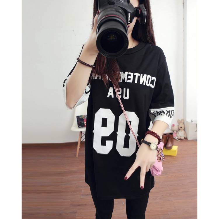 TE1075 T-shirt lunga allentata con stampa di lettere di giuntura di nuovo stile-5