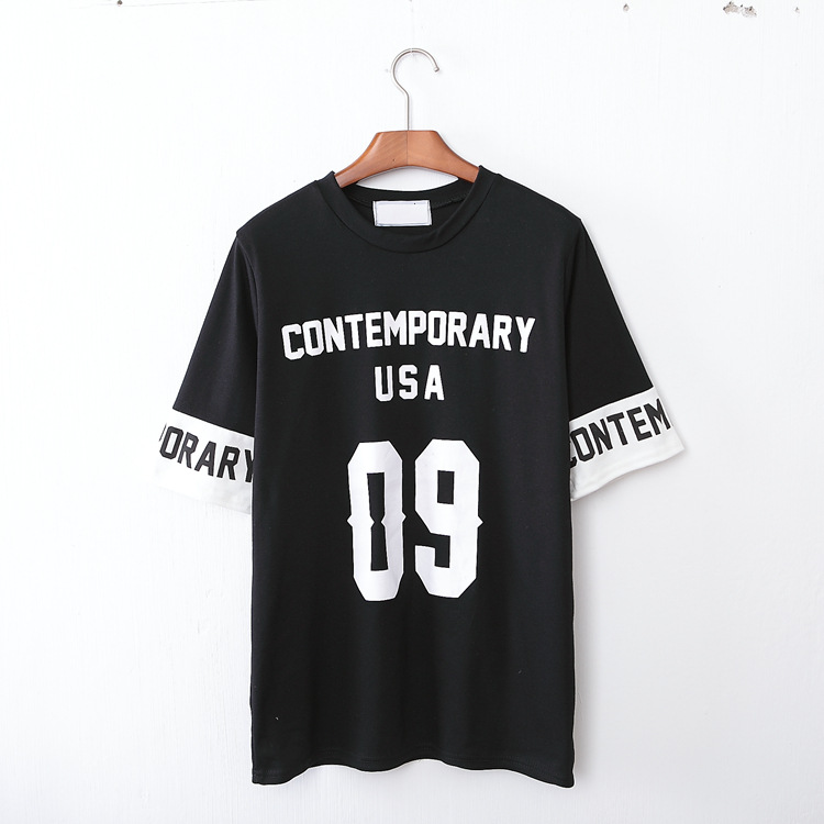 TE1075 T-shirt lunga allentata con stampa di lettere di giuntura di nuovo stile-2