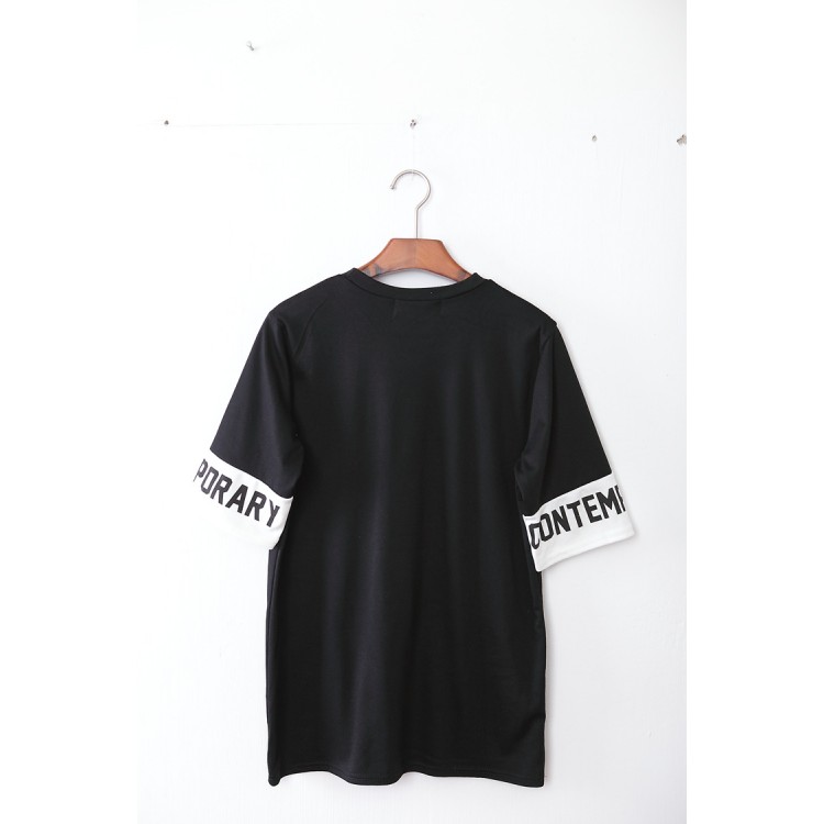 TE1075 T-shirt lunga allentata con stampa di lettere di giuntura di nuovo stile-4