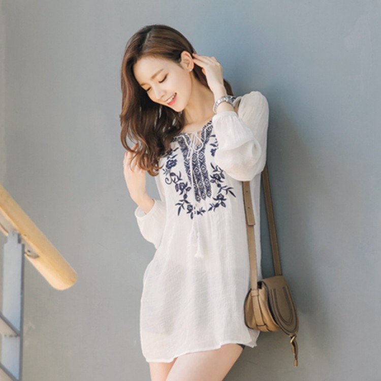 TE1394GJ Camicia lunga casual con scollo a V ricamata alla moda giapponese-1