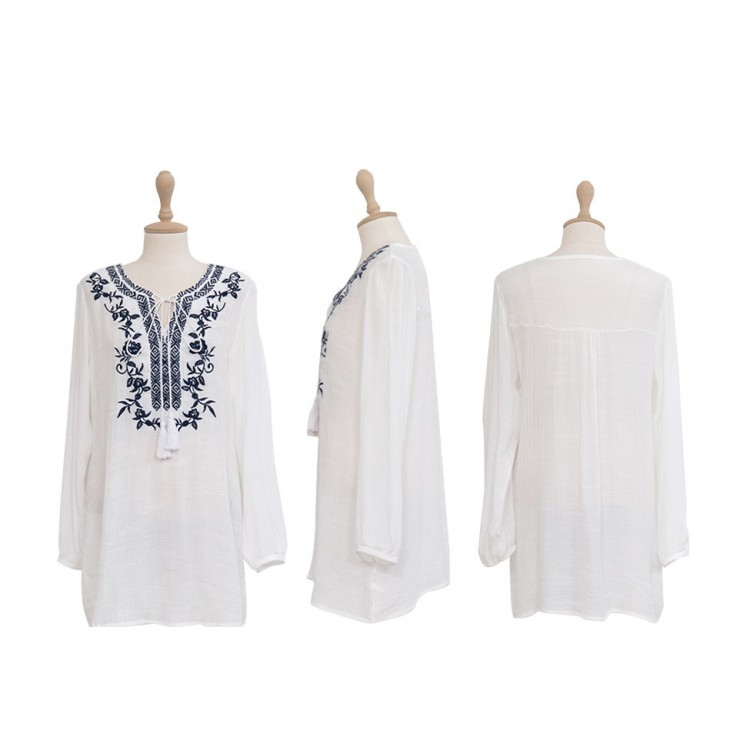 TE1394GJ Camicia lunga casual con scollo a V ricamata alla moda giapponese-3