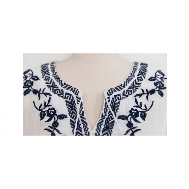 TE1394GJ Camicia lunga casual con scollo a V ricamata alla moda giapponese-4