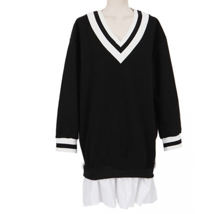 TE1114GJ T-shirt lunga da gallina con colletto e gonna a righe-3