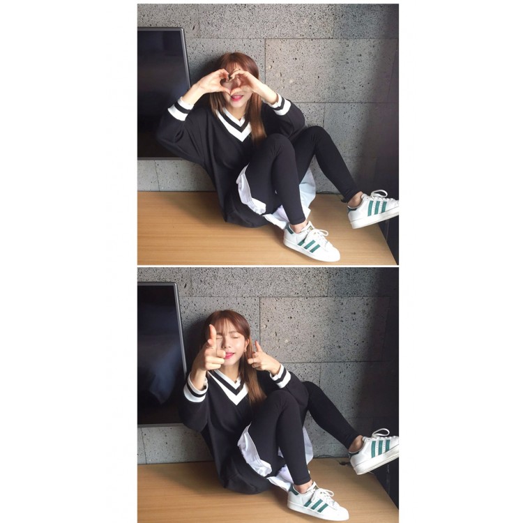 TE1114GJ T-shirt lunga da gallina con colletto e gonna a righe-4