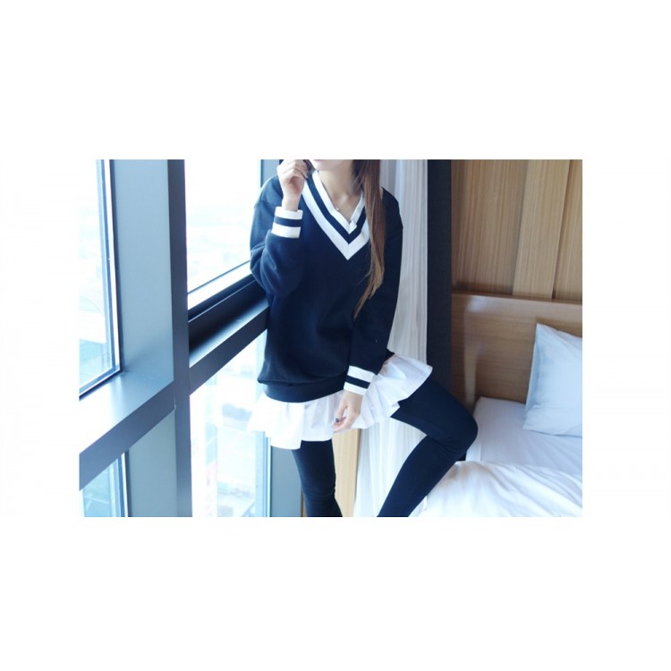 TE1114GJ T-shirt lunga da gallina con colletto e gonna a righe-5