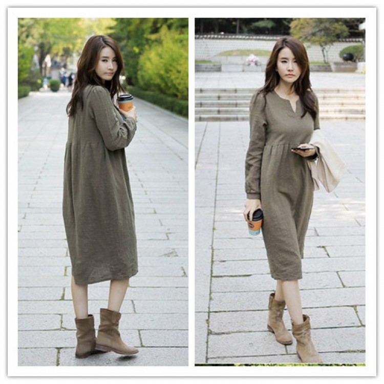 TE1115GJ Abito lungo alla moda coreana in cotone ramiè allentato con scollo a V-6