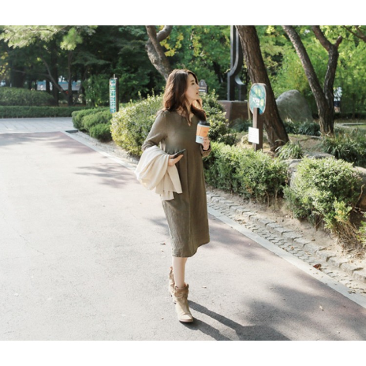 TE1115GJ Abito lungo alla moda coreana in cotone ramiè allentato con scollo a V-1