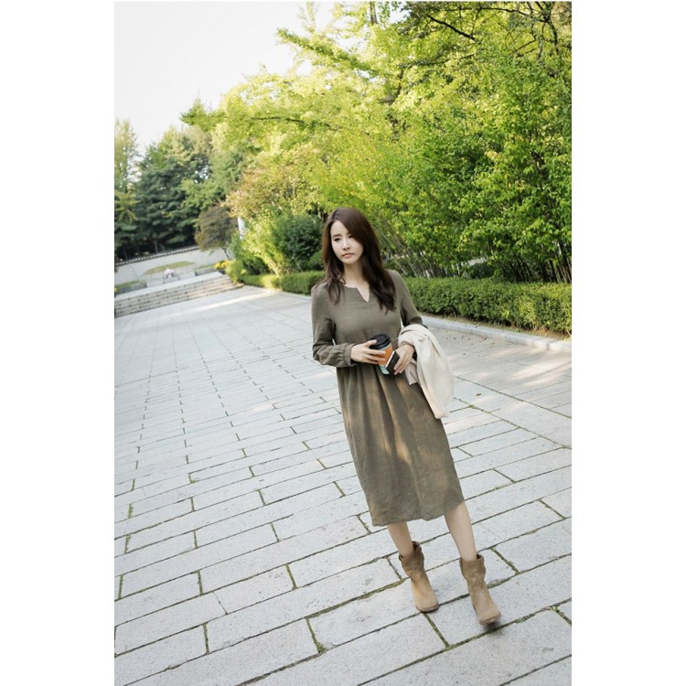 TE1115GJ Abito lungo alla moda coreana in cotone ramiè allentato con scollo a V-2