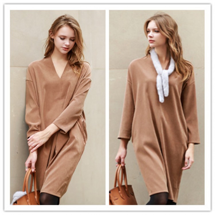 TE1192GJ Abito casual in poly satin con scollo a V, moda europea-5