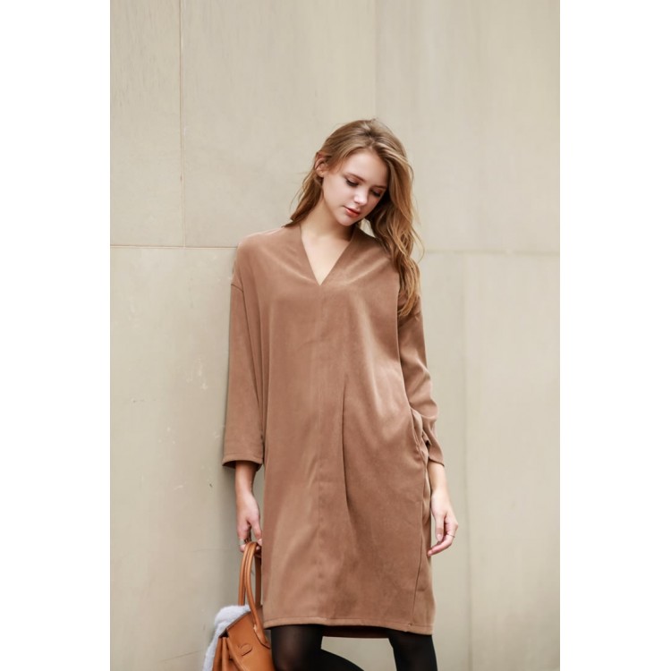 TE1192GJ Abito casual in poly satin con scollo a V, moda europea-3