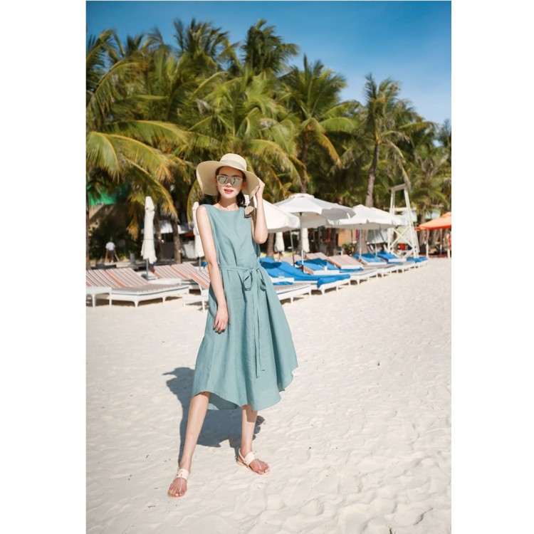 TE1223GJWL Abito senza maniche alla moda con cintura con bottoni sul retro-5