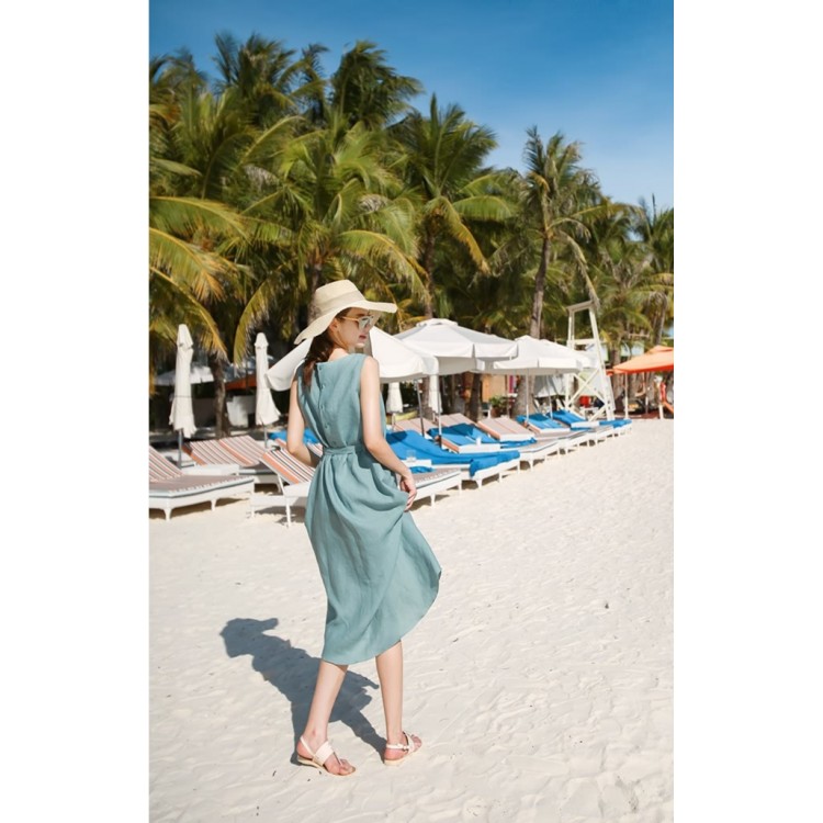 TE1223GJWL Abito senza maniche alla moda con cintura con bottoni sul retro-6