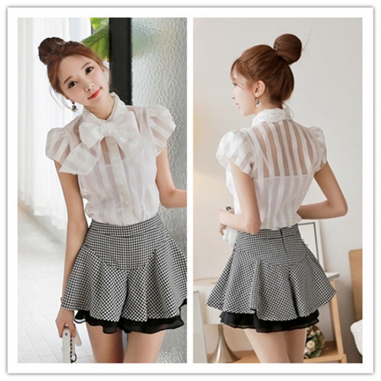 TE1459GJWL Camicia a righe con collo bowknot e maniche a sbuffo alla moda coreana-7
