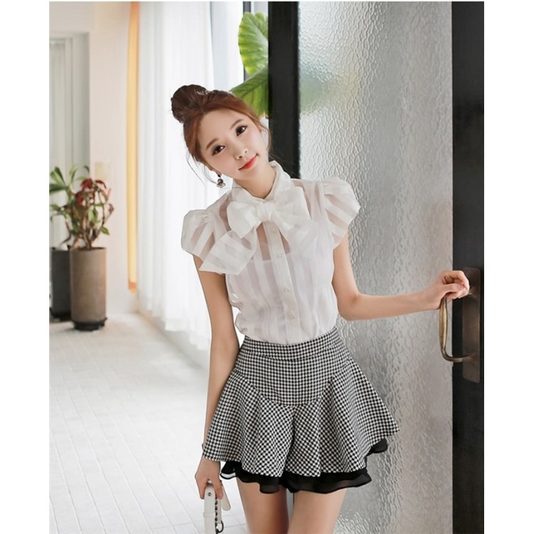 TE1459GJWL Camicia a righe con collo bowknot e maniche a sbuffo alla moda coreana-1